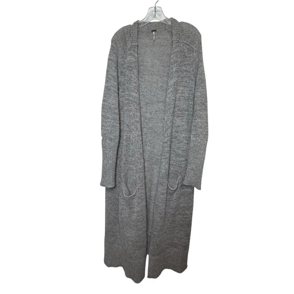 Free People Size Small Long Slouch Oversize Gray Marl Cardigan Sweater Pockets